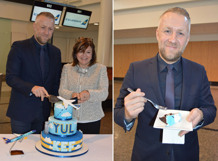 Icelandair’s CEO helps cut the cake and then tries a piece.