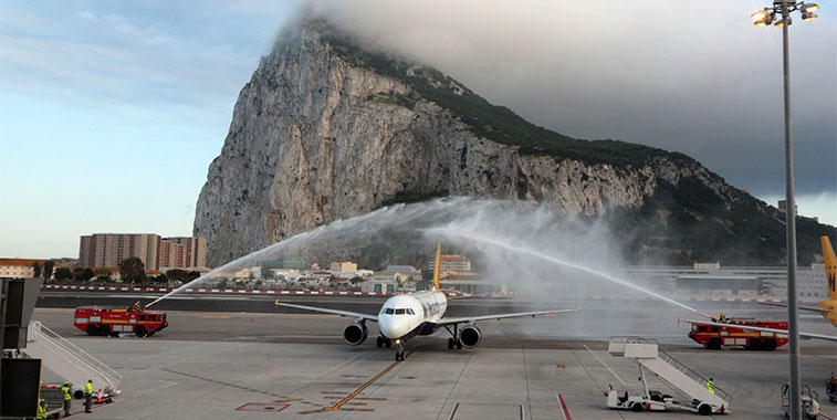 Monarch welcomed in Gibraltar on Sunday 1 May by this striking water arch salute