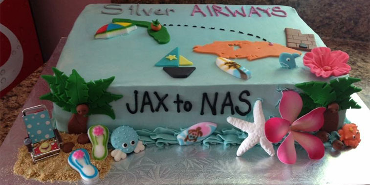 Jacksonville celebrated with this tropical cake the start of Silver Airways’ twice-weekly (Thursdays and Sundays) service to Nassau. 