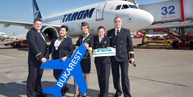 Seen celebrating the arrival of TAROM to Hamburg is the inaugural flight crew