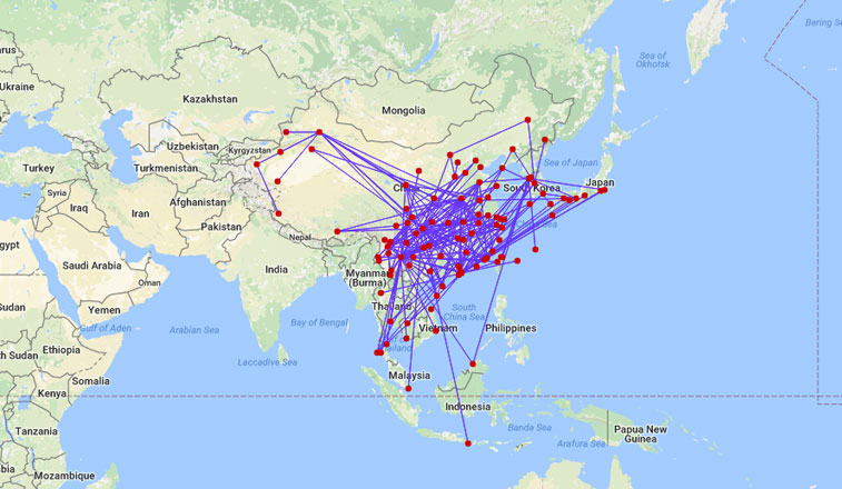 U-FLY Alliance route map August 2016. All together U-FLY’s network is made up of 202 routes which connect 104 airports. With Eastar Air joining the alliance line-up last month, it has brought with it six new airport’s to the alliance’s network, namely Cheongju, Seoul Gimpo, Okinawa, Taipei Taoyuan, Taipei Songshan, and Yanji. 