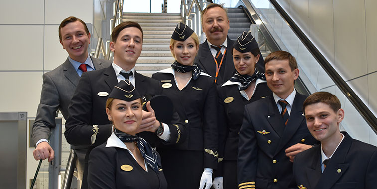 Aeroflot's inaugural flight crew pose at London Gatwick following their flight from Moscow Sheremetyevo. The daily service began on 15 November.
