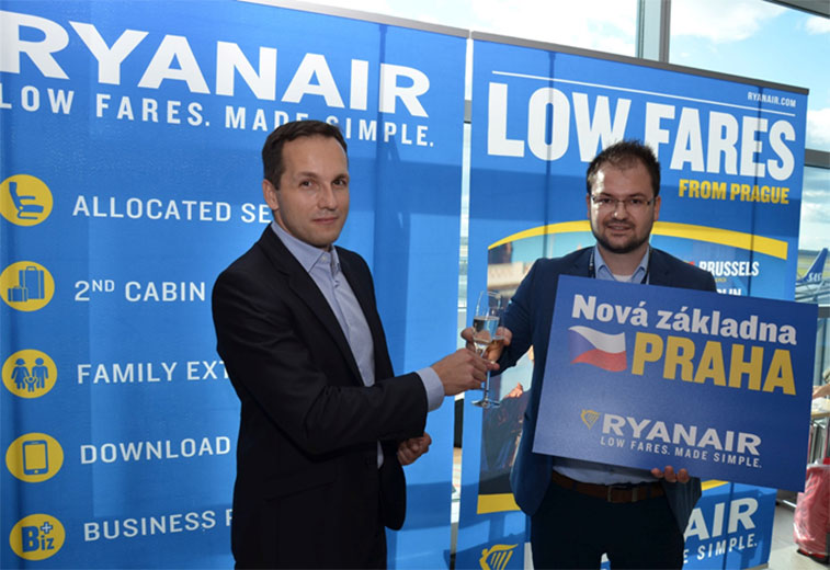 Cheers in Prague. At an event to celebrate the occasion of new Ryanair flights to Milan/Bergamo and Rome Ciampino, as well as the opening of its Prague base, Jiří Vyskoč, Director of Aviation Business, Prague Airport and Denis Barabas, Sales and Marketing Executive CEE, Ryanair, have glass of fizz. The ULCC now has two based aircraft in Prague and offers fligths to Brussels Charleroi, Dublin, London Stansted, the above Italian routes, and from S17, Liverpool and Trapani.