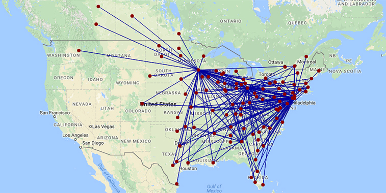 Endeavor Air Route Map Color 2018