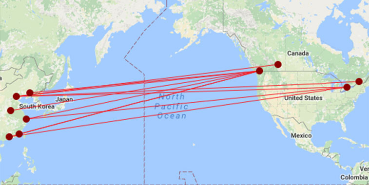 13 routes operating between China and Canada. 