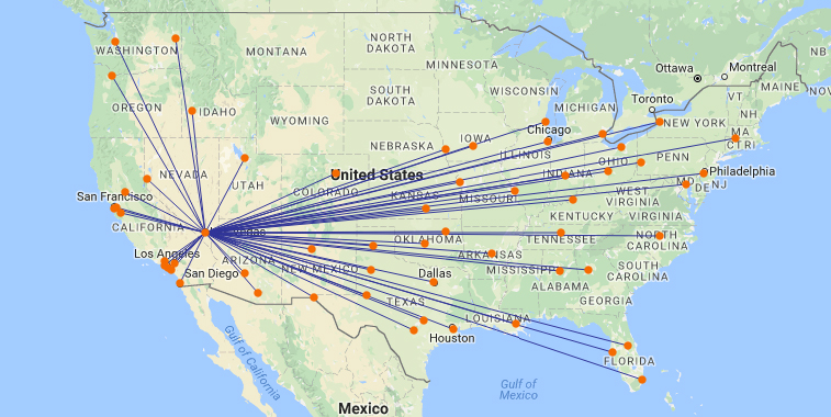 Southwest Airlines' Las Vegas route map S17. The carrier will be operating 56 routes from Las Vegas this summer, all of them domestic connections. With this, it means that Las Vegas is Southwest's largest airport operation that does not have an international sector. 