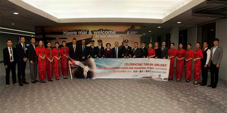 There was a welcome banner at Auckland Airport to celebrate the arrival on 23 December of Tianjin Airlines’s first service from Tianjin via Chongqing. The carrier will operate the route year-round three times weekly using A330-200s.