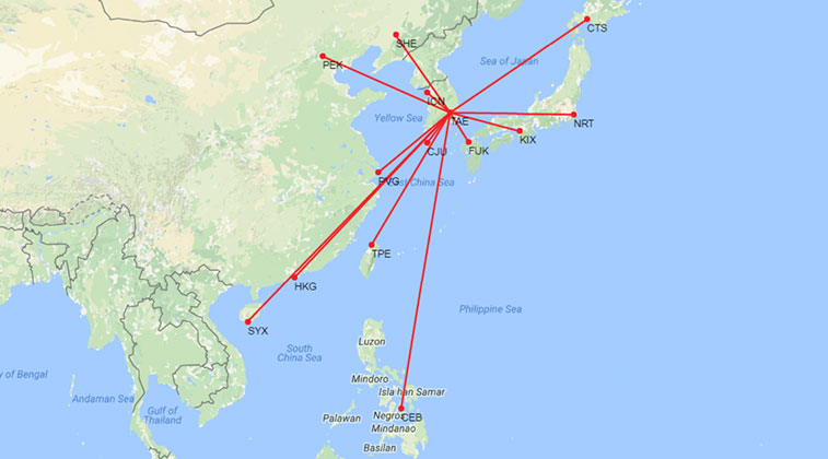 Daegu Airport route map February 2017