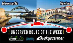 Newcastle-Venice is "Skyscanner Unserved Route of the Week" with 90,000 searches; any of three potential carriers to take this on