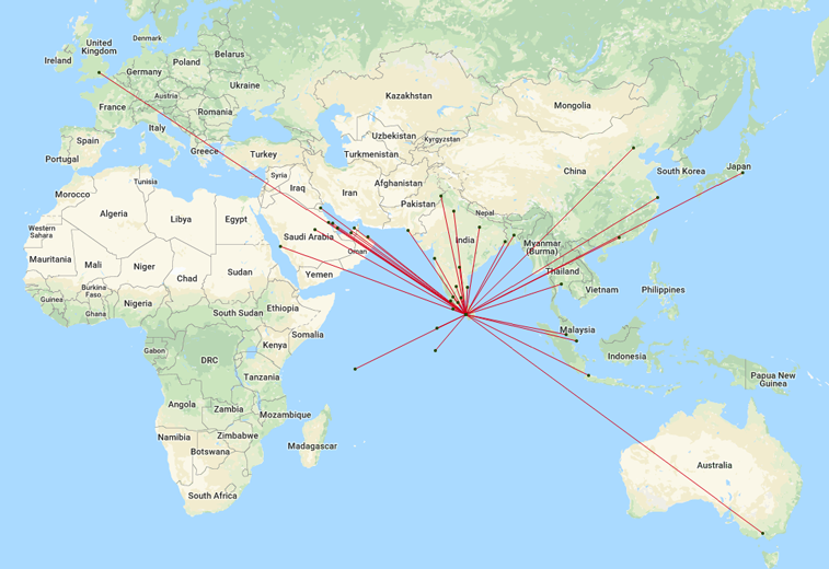SriLankan Airlines route map 