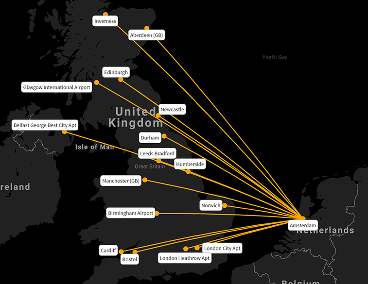 KLM serves 16 destinations in the UK